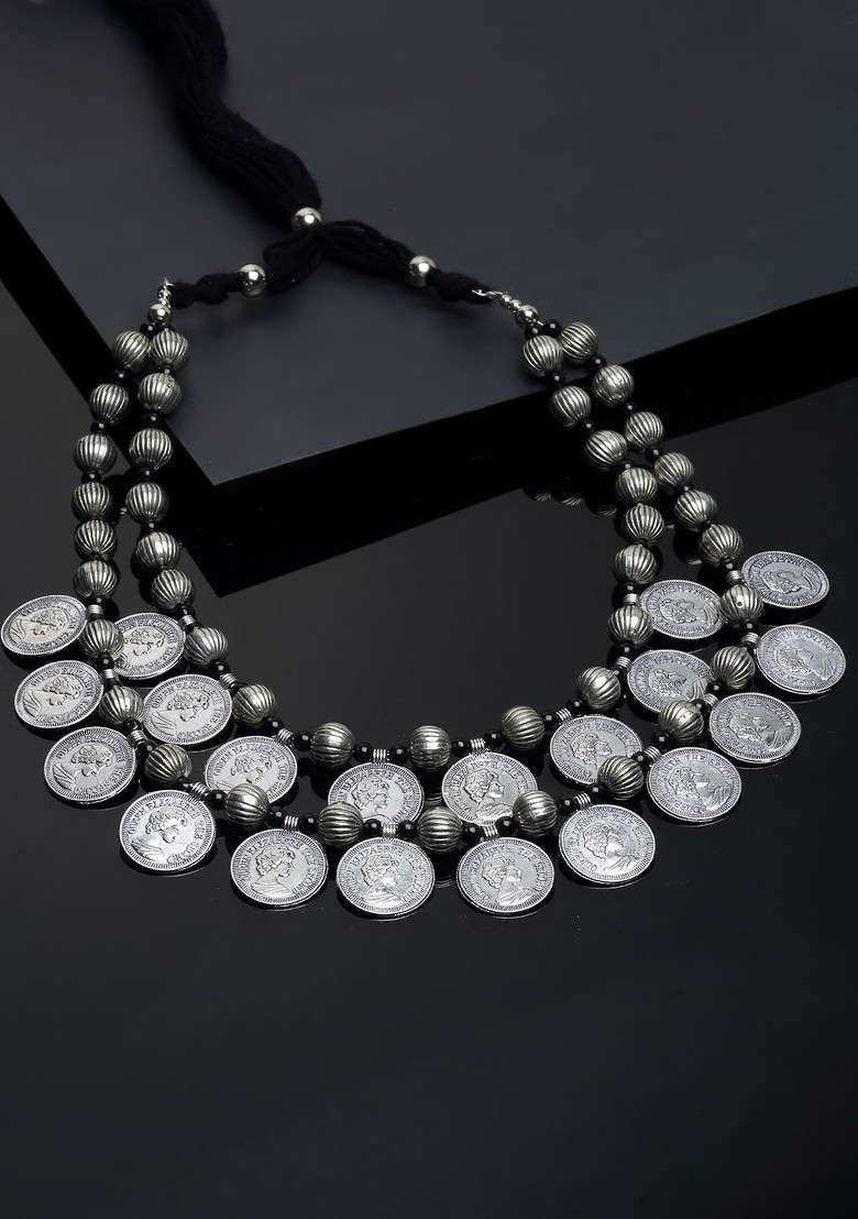 Silver Plated German Silver Coin Oxidised Necklace - Indya