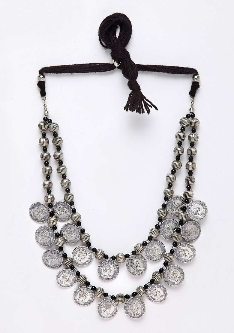 Silver Plated German Silver Coin Oxidised Necklace - Indya