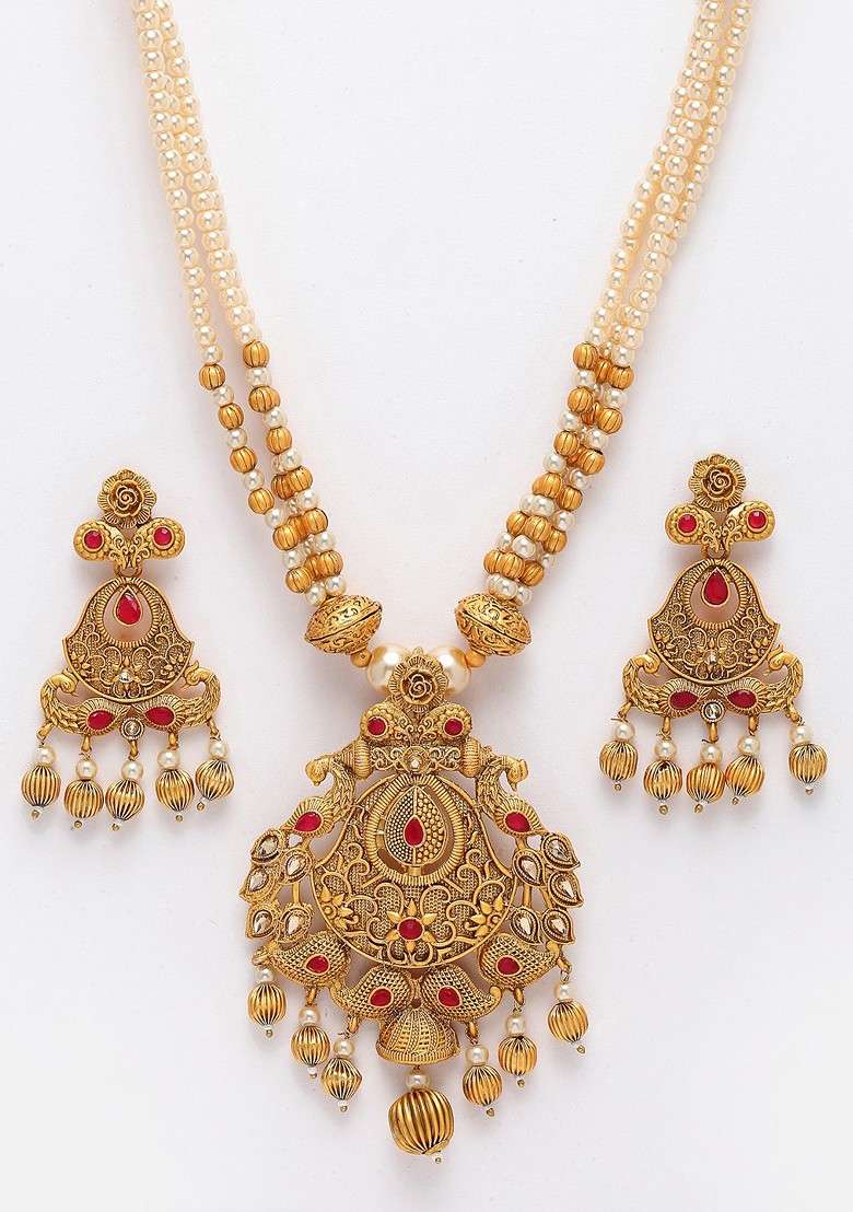 Gold Plated Artificial Stone Studded Jewellery Set - Indya