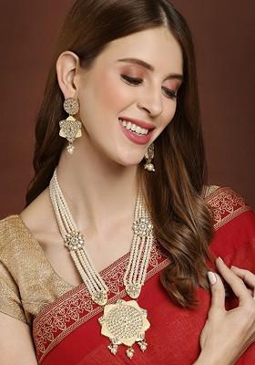 Gold Plated White Stone Studded And Pearl Beaded Jewellery Set