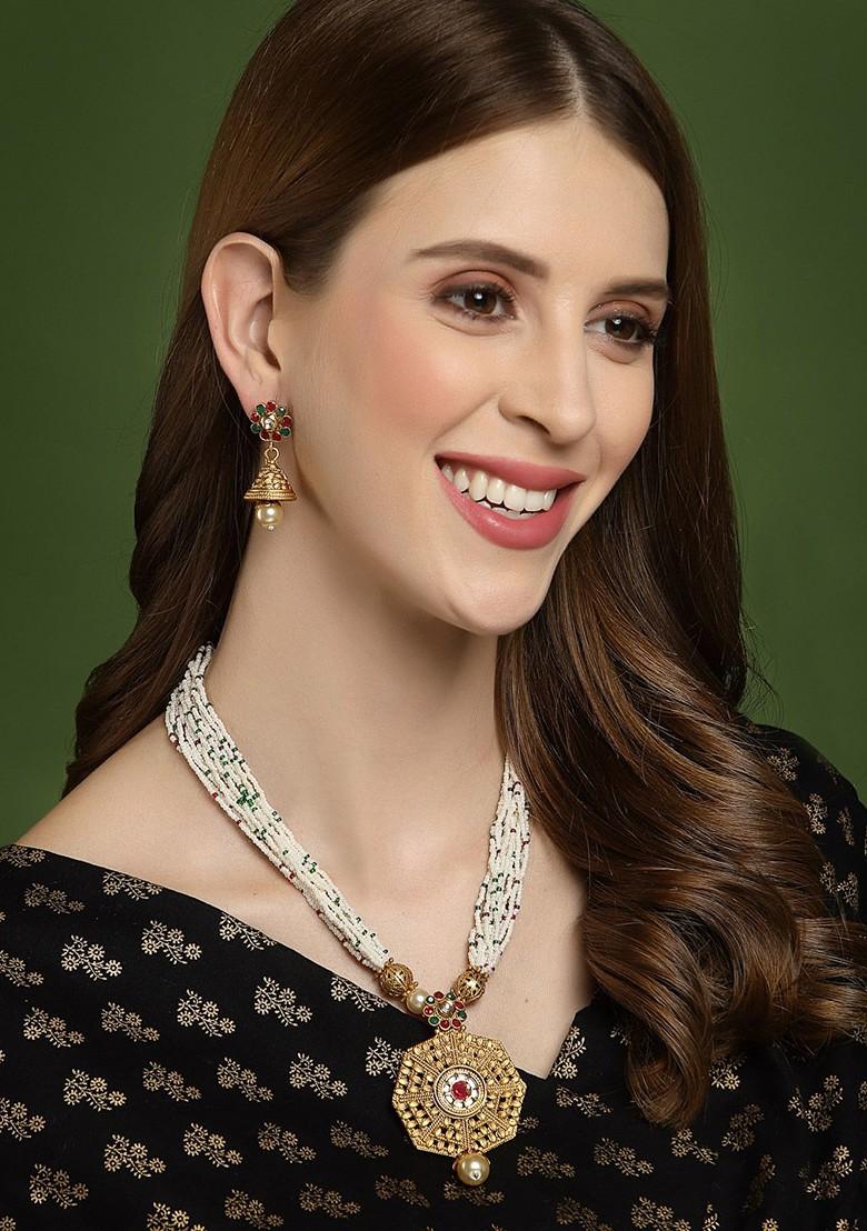 Gold Plated Red And Green Stone Studded Handcrafted Beads Jewellery Set