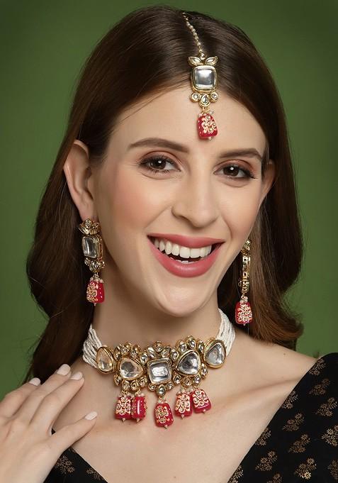 Gold Plated White And Pink Kundan Studded And Beaded Handcrafted Jewellery Set