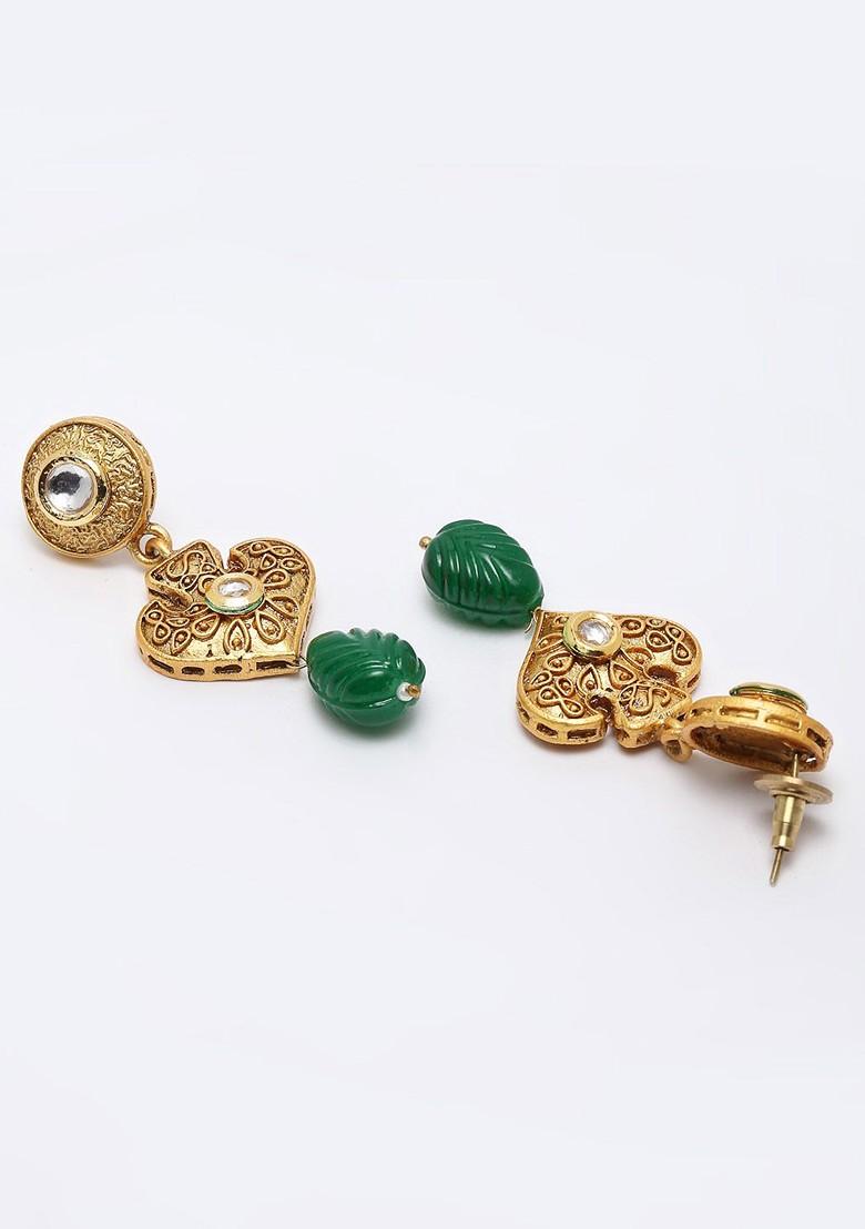 Green Beaded Gold Plated Kundan Studded Jewellery Set - Indya