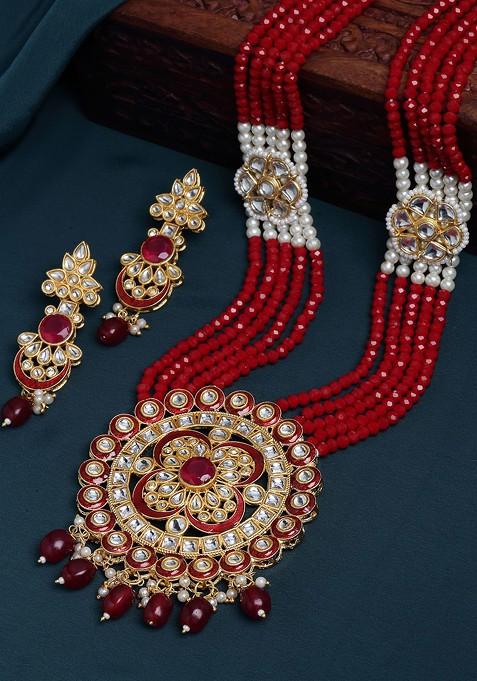  Gold Plated And Red Stone beaded Jewellery Set