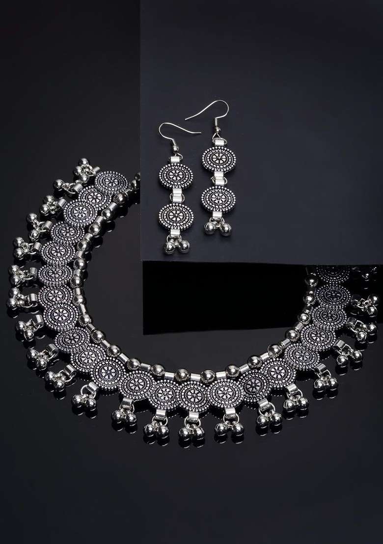  Silver  Toned Oxidised Jewellery Set - Indya