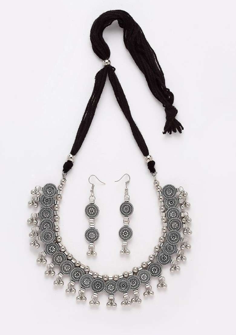  Silver  Toned Oxidised Jewellery Set - Indya