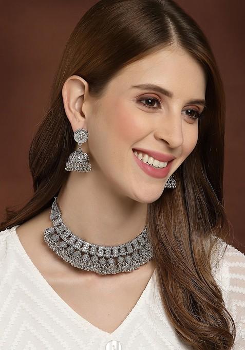 Silver Toned Oxidized Handcrafted Choker Necklace With Earrings