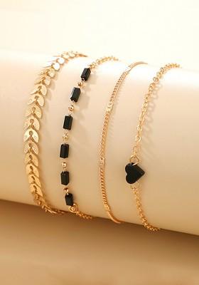 Set Of 4 Gold Plated Black Beads Bracelets