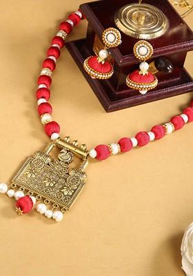 Red German Silver Oxidised Gold Plated Jewellery Set