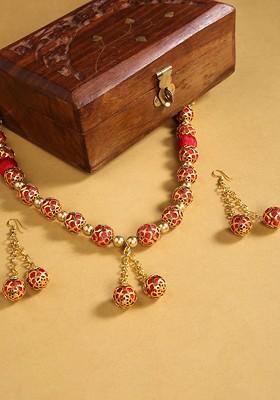 German Silver And Red Beaded Gold Plated Jewellery Set