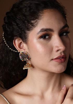 Women Gold Toned Dome Shaped Multicolored Stone studded Jhumkas Earrings