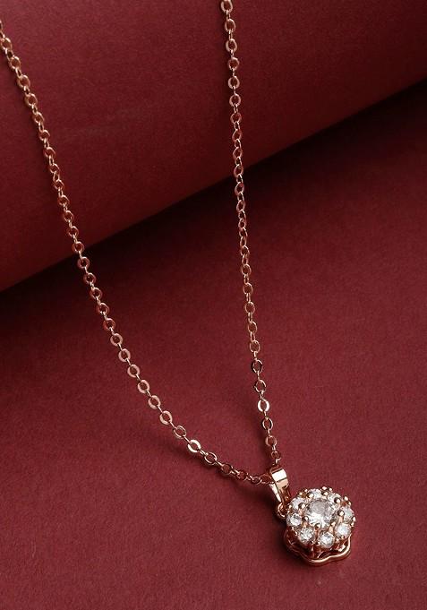 Rose Gold Plated White CZ Studded Solitaire Pendant And Chain