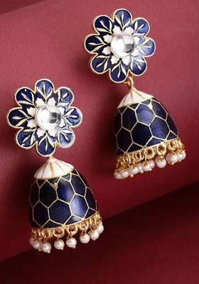 Blue And Gold Plated Meenakari Jhumkas Earrings