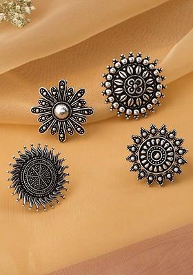 Set Of 4 Oxidised Silver Toned Adjustable Finger Ring