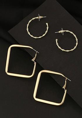Set Of 2 Gold Toned Geometric Hoop Earrings
