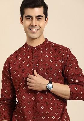 Men Red And Cream-Coloured Ethnic Motifs Printed Pure Cotton Kurta