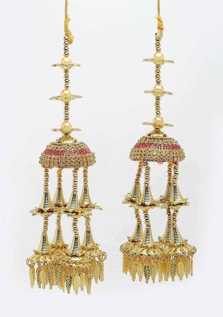 Pack Of 2 Gold Plated Pink And Gold Colored Stone Studded Leaf Shaped Bridal Kaleera - Indya