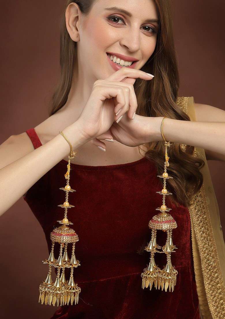 Pack Of 2 Gold Plated Pink And Gold Colored Stone Studded Leaf Shaped Bridal Kaleera - Indya