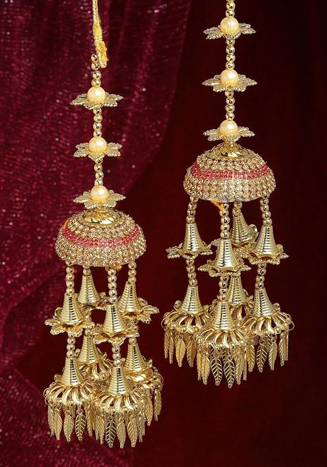 Pack Of 2 Gold Plated Pink And Gold Colored Stone Studded Leaf Shaped Bridal Kaleera