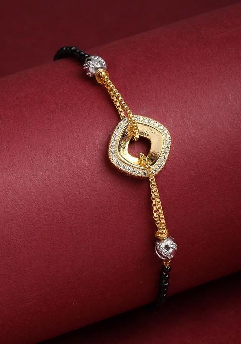 Gold Plated Black Beaded White CZ Stone Studded And Beaded Hand Mangalsutra