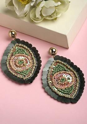 Green Embellished Evil Eye Drop Earrings