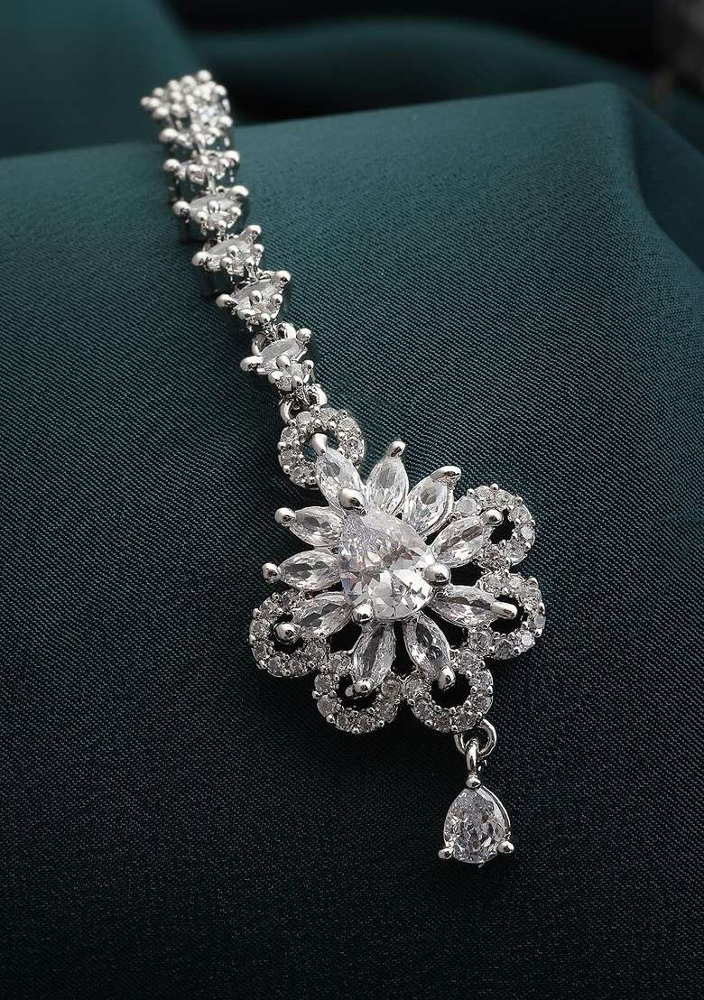 Rhodium Plated Silver Toned And White AD Studded Maangtika - Indya