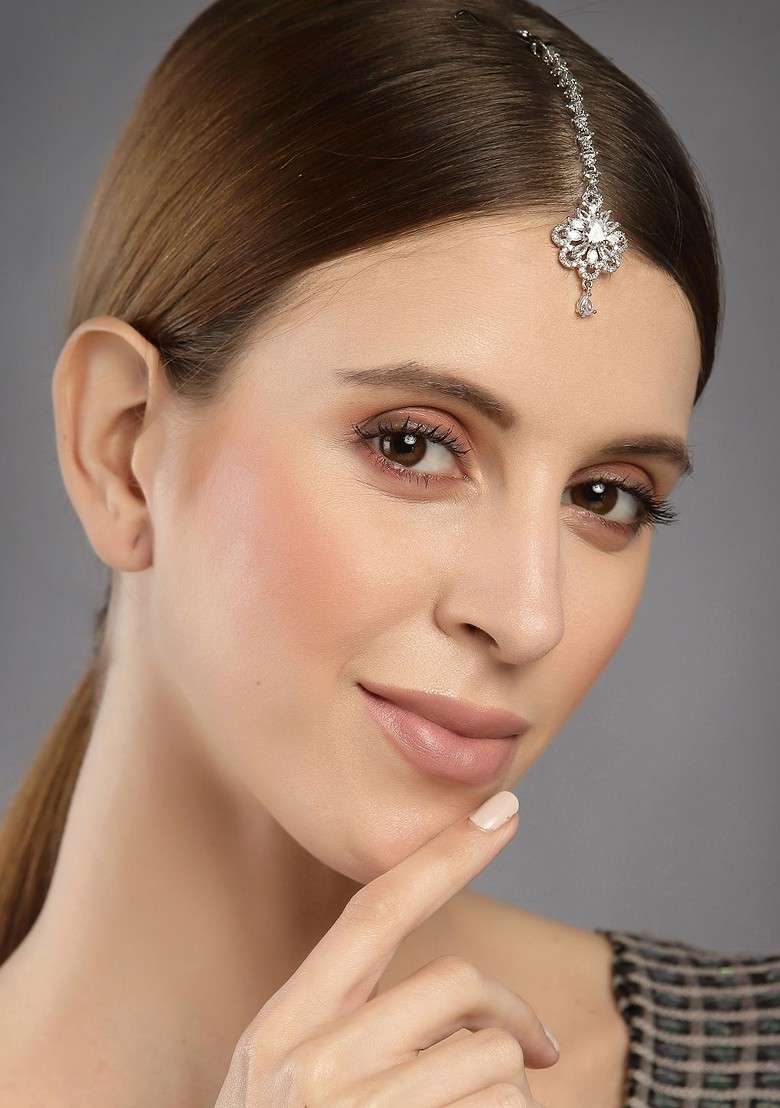 Rhodium Plated Silver Toned And White AD Studded Maangtika - Indya