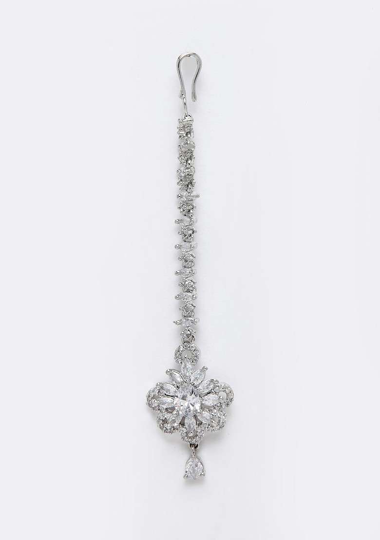 Rhodium Plated Silver Toned And White AD Studded Maangtika - Indya