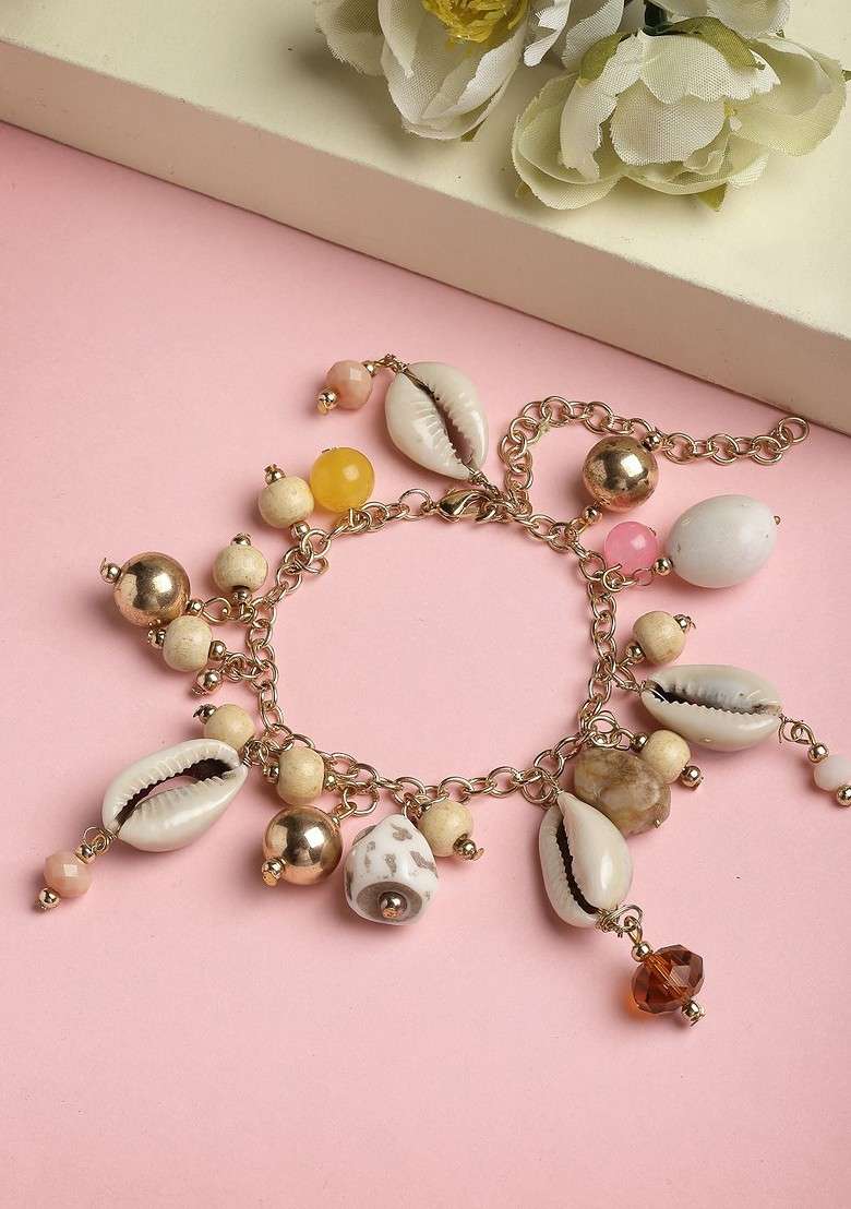 Women Gold Toned And White Brass Pearls Gold Plated Charm Bracelet - Indya
