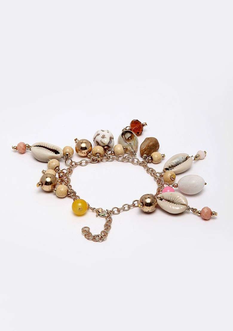 Women Gold Toned And White Brass Pearls Gold Plated Charm Bracelet - Indya