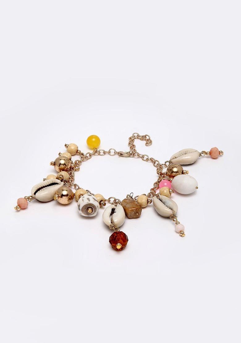 Women Gold Toned And White Brass Pearls Gold Plated Charm Bracelet