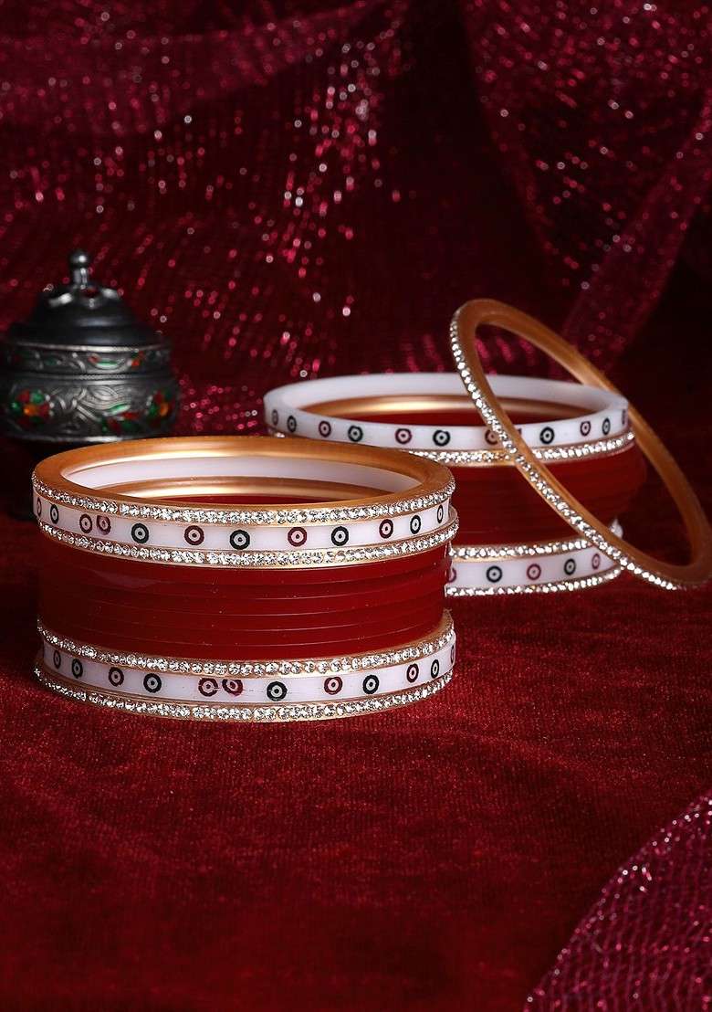 Set Of 24 Gold Plated Red AD Stone Studded Chuda Set - Indya