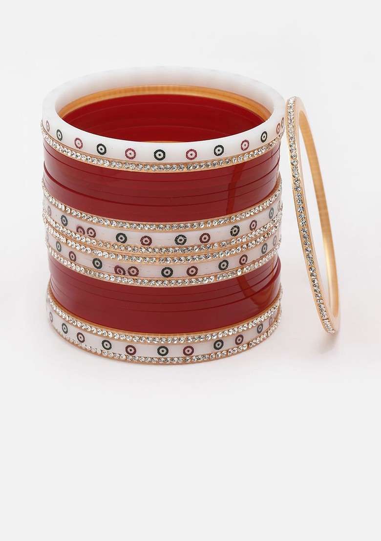 Set Of 24 Gold Plated Red AD Stone Studded Chuda Set - Indya