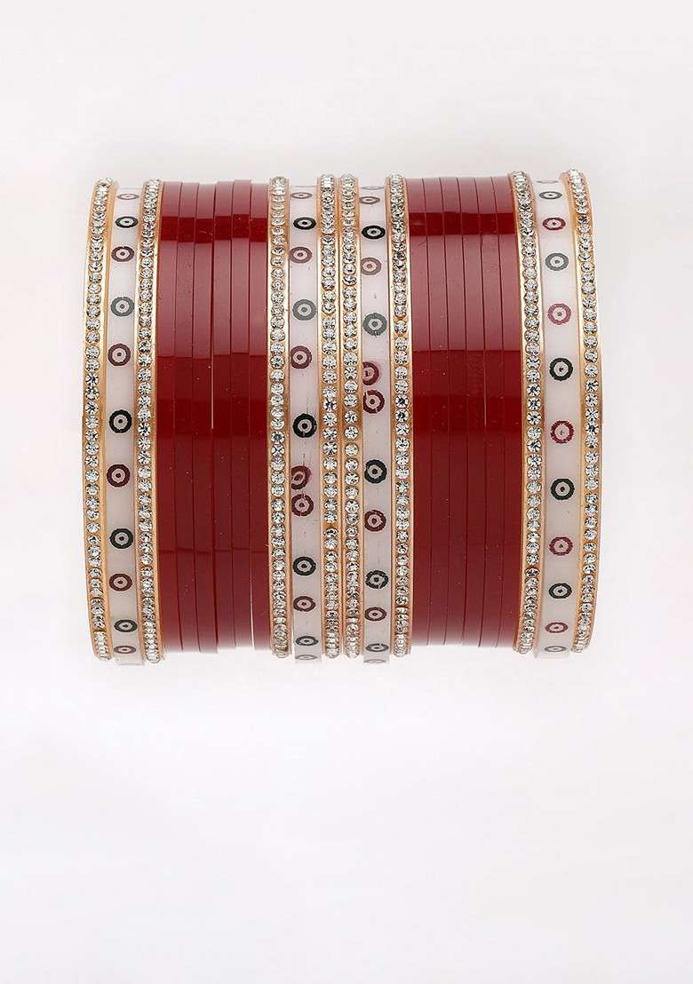 Set Of 24 Gold Plated Red AD Stone Studded Chuda Set - Indya