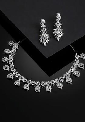 Rhodium Plated Silver Toned And White AD  Studded And Beaded Jewellery Set