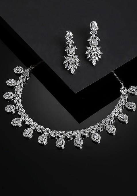 Rhodium Plated Silver Toned And White AD  Studded And Beaded Jewellery Set