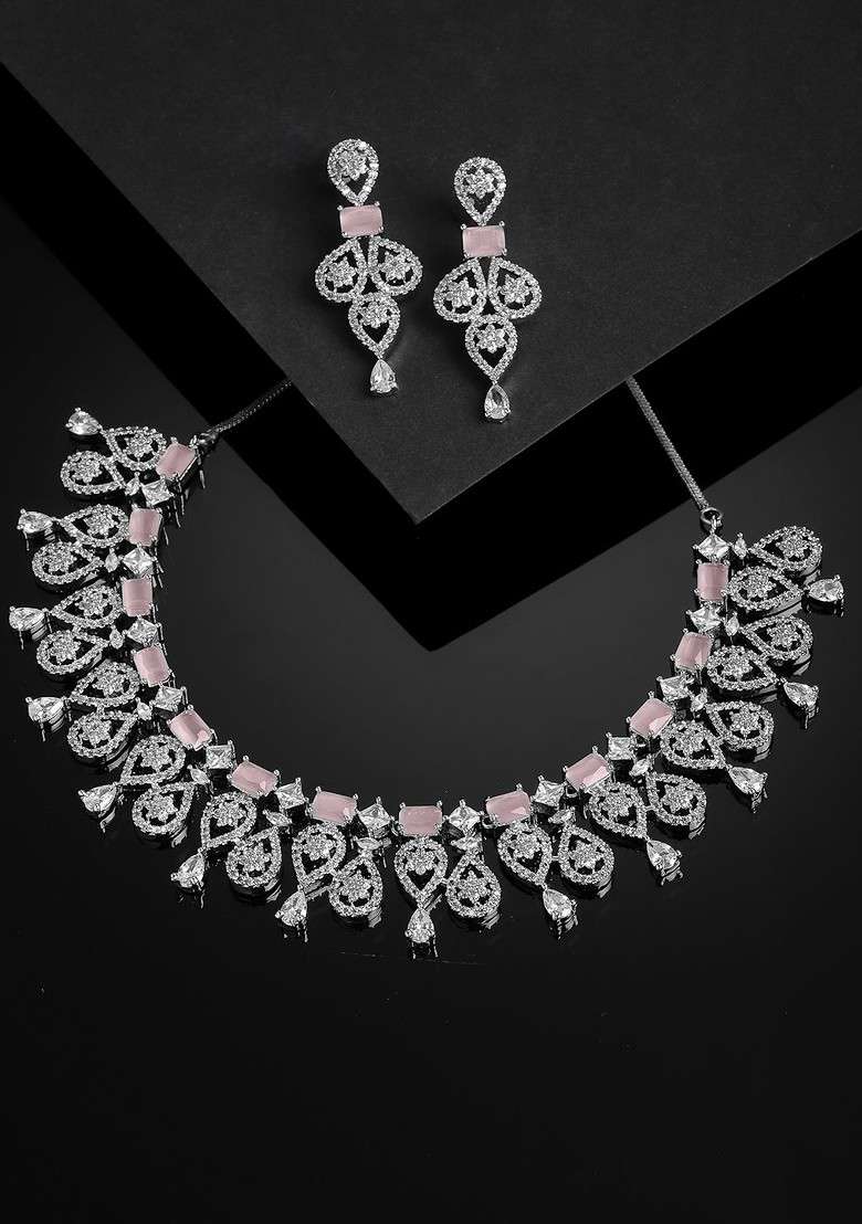Rhodium Plated Silver Toned And White AD Studded Jewellery Set - Indya