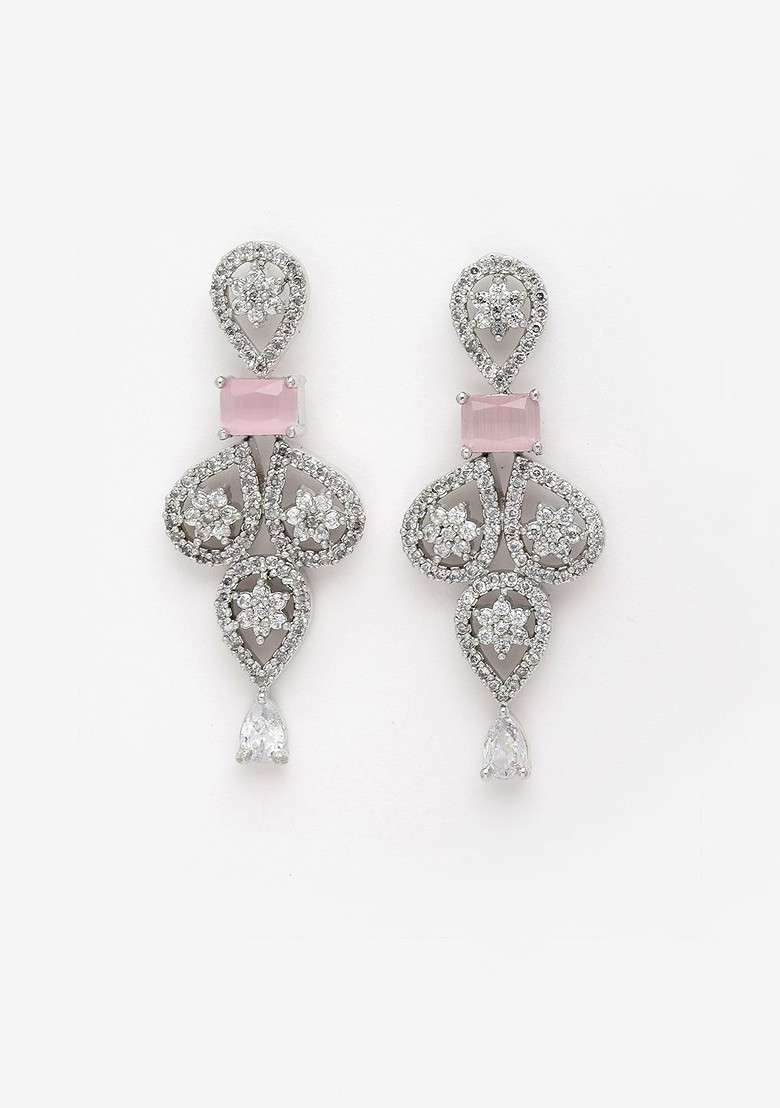 Rhodium Plated Silver Toned And White AD Studded Jewellery Set - Indya