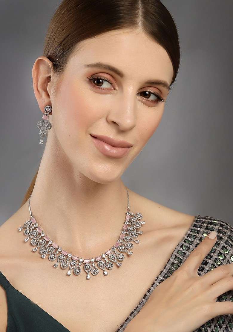 Rhodium Plated Silver Toned And White AD Studded Jewellery Set - Indya