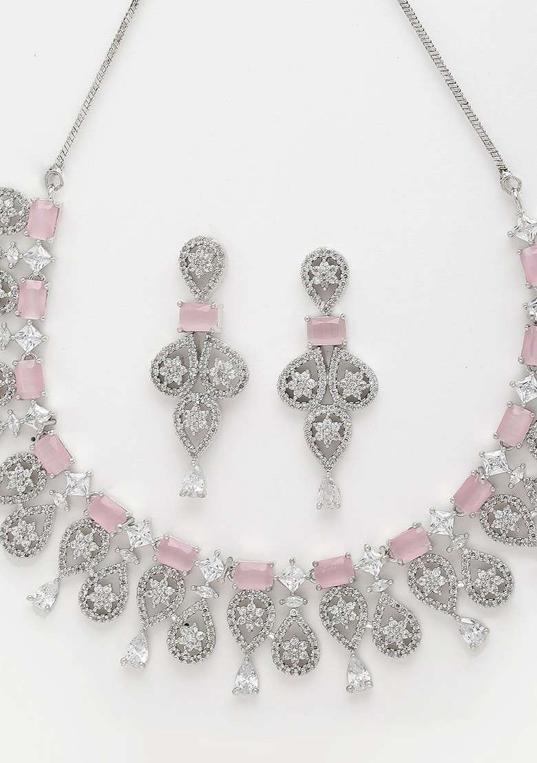 Rhodium Plated Silver Toned And White AD Studded Jewellery Set - Indya