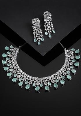 Rhodium Plated White and Sea Green AD Studded Handcrafted Jewellery Set