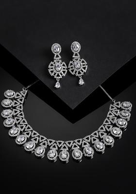 Rhodium Plated White American Diamonds Studded Handcrafted Jewellery Set