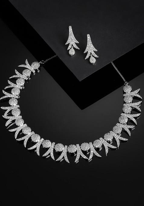 Rhodium Plated Silver Toned White AD Studded Jewellery Set