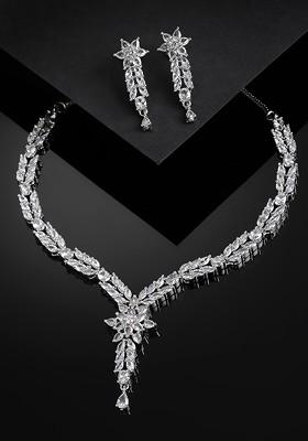 Rhodium Plated Silver Toned White AD Studded Handcrafted Jewellery Set