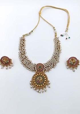 Gold Plated White Pearl Beaded Necklace Set