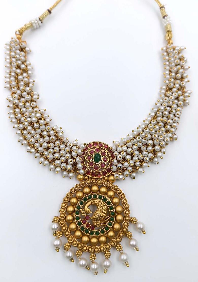 Gold Plated White Pearl Beaded Necklace Set