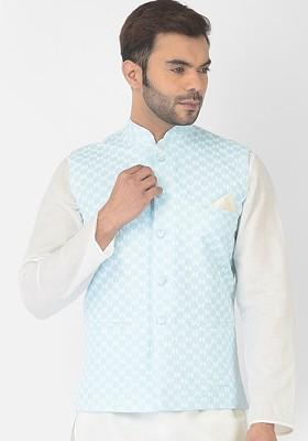 Men Blue Embroidered Pure Cotton Nehru Jacket