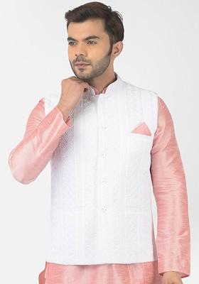 Men White Embroidered Woven Pure Cotton Nehru Jackets