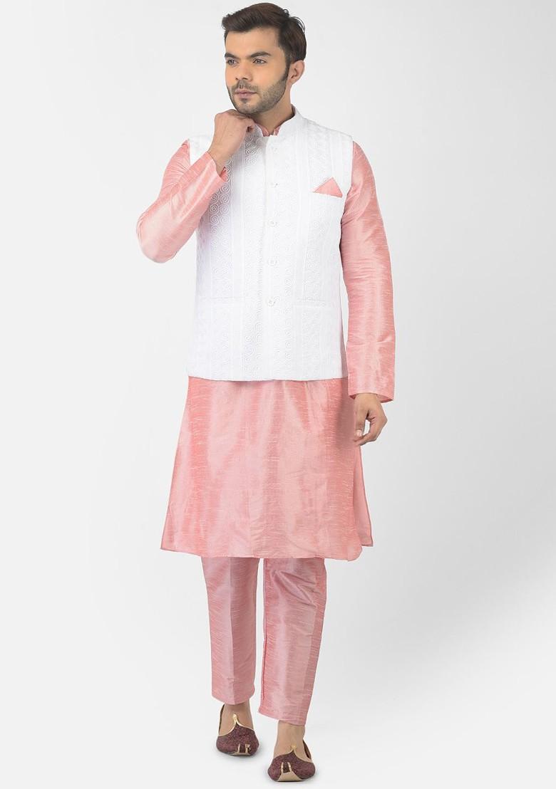 Men White Embroidered Woven Pure Cotton Nehru Jackets