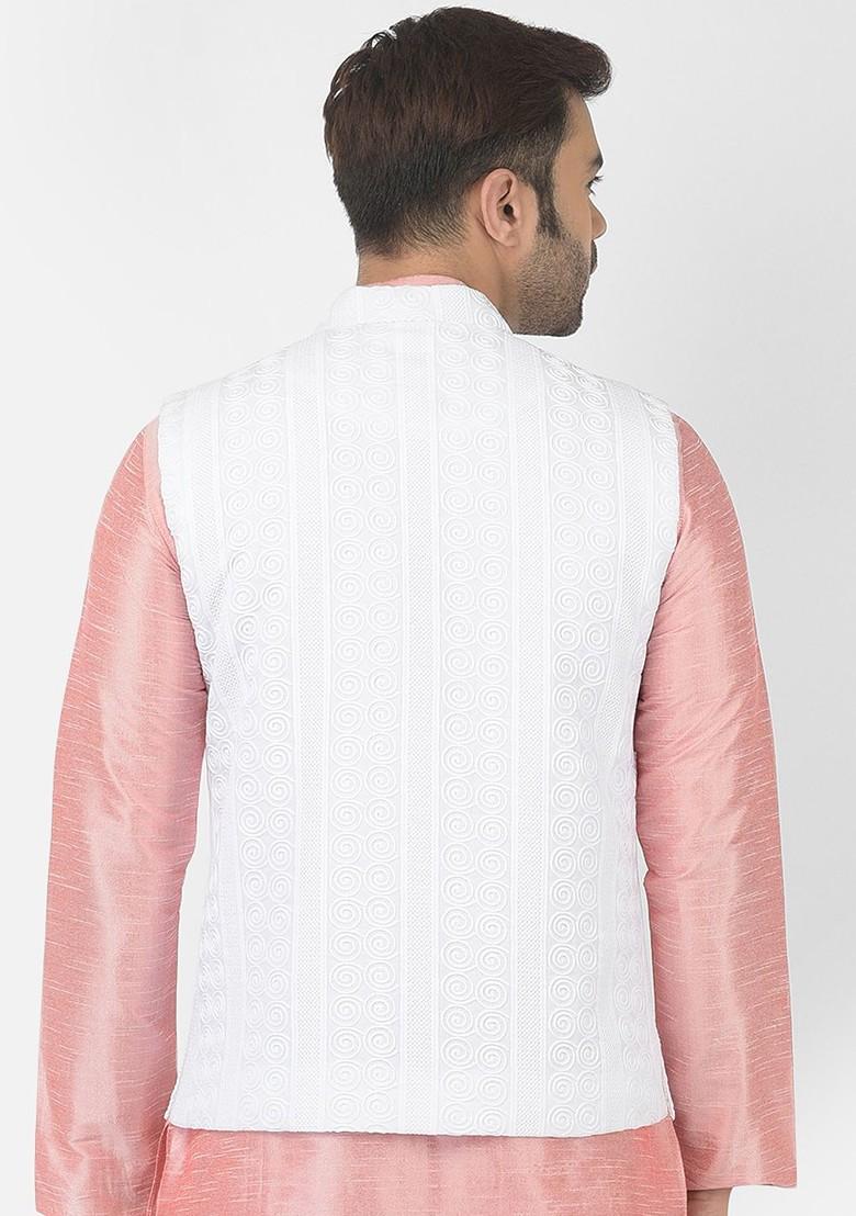 Men White Embroidered Woven Pure Cotton Nehru Jackets